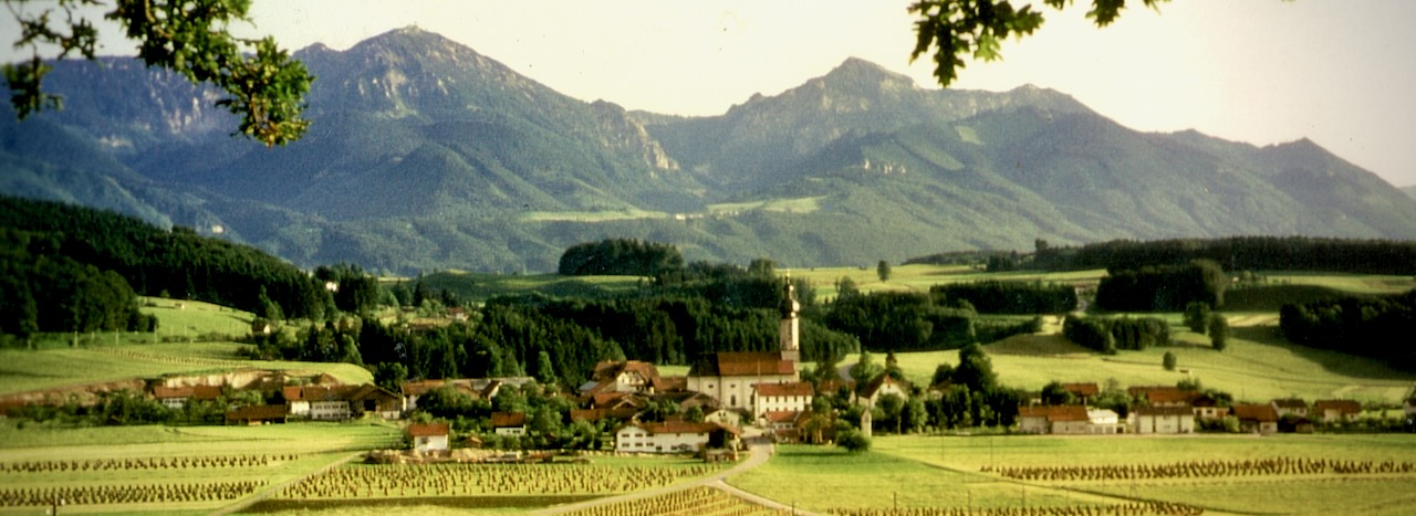 Panorama von Vachendorf mit Pfarrkirche und Bergen