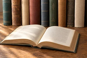 Ein aufgeschlagenes Buch auf einem Holztisch vor einer Reihe neutraler Bücher.