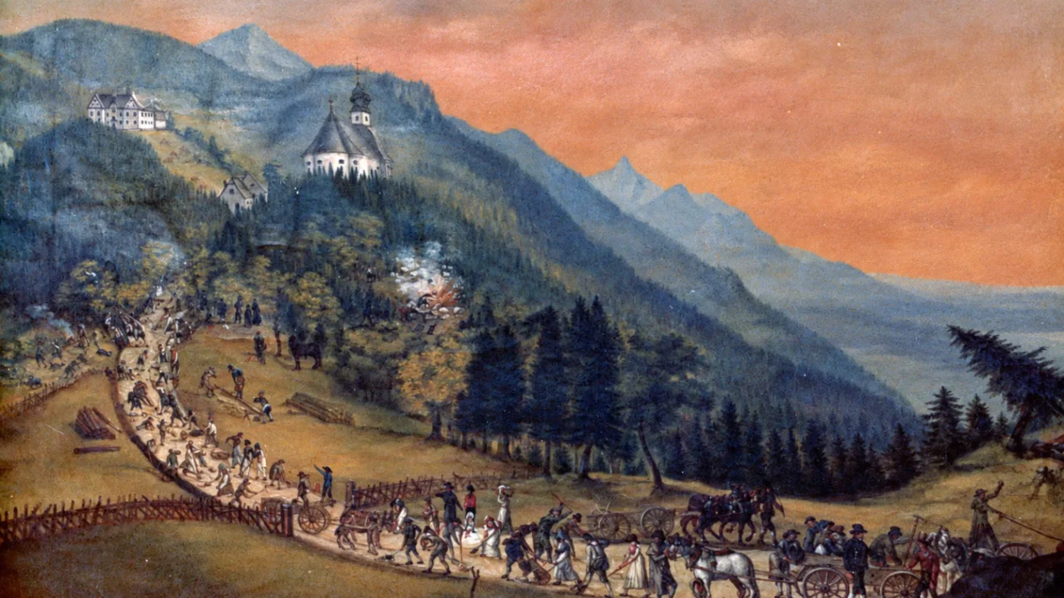 Ausschnitt aus Johann Baptist Neumüllers Gemälde Straßenbau nach Maria Eck von 1826 mit Maria Eck, Arbeitern und Fuhrwerken.