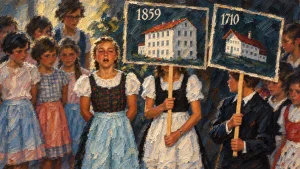 Künstlerische Bearbeitung eines historischen Fotos von Vachendorfer Schulkindern mit Bildern der Schulhäuser von 1710 und 1859.