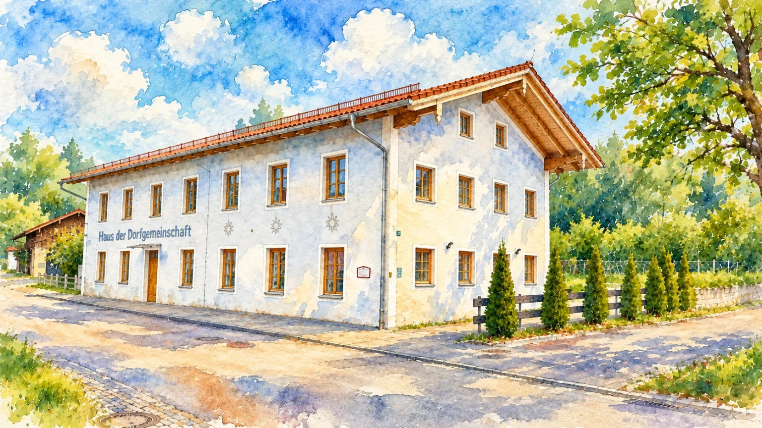 Haus der Dorfgemeinschaft in Vachendorf, als Aquarell