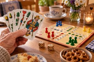 Eine Kartenhand und ein Brettspiel auf einem gedeckten Tisch mit Kaffee und Gebäck.