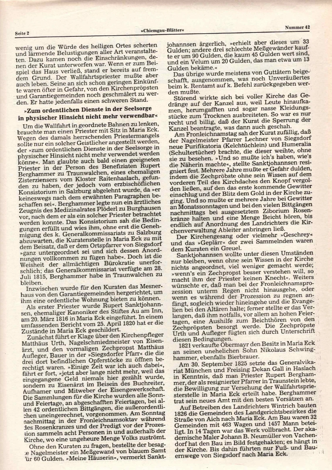 Schwierige Zeit der Wallfahrtskuraten in Maria Eck von 1816 bis 1891 – Teil 1 – Scanseite 2 von 3