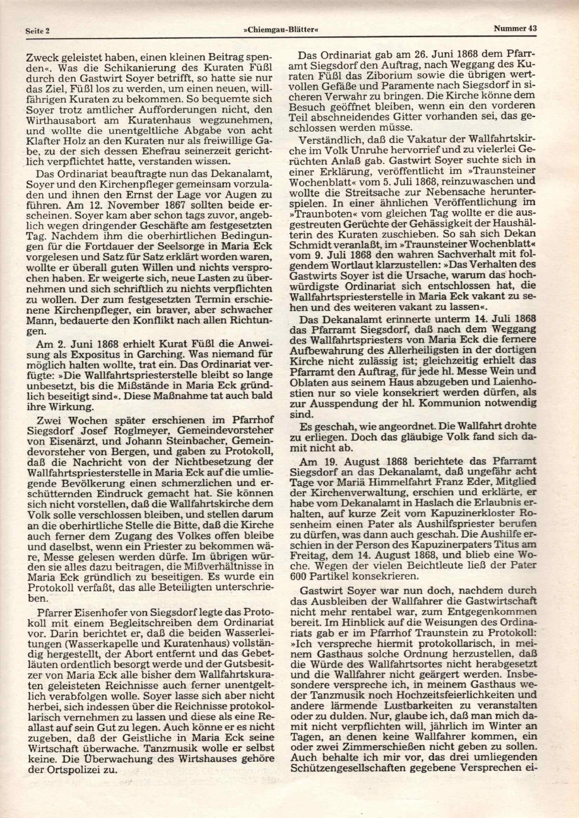 Schwierige Zeit der Wallfahrtskuraten in Maria Eck von 1816 bis 1891 – Teil 2 – Scanseite 2 von 4