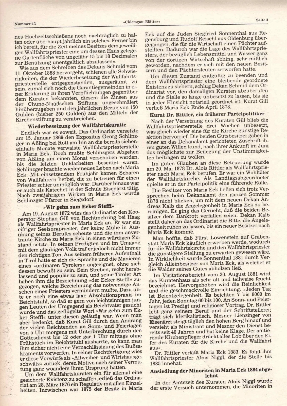 Schwierige Zeit der Wallfahrtskuraten in Maria Eck von 1816 bis 1891 – Teil 2 – Scanseite 3 von 4