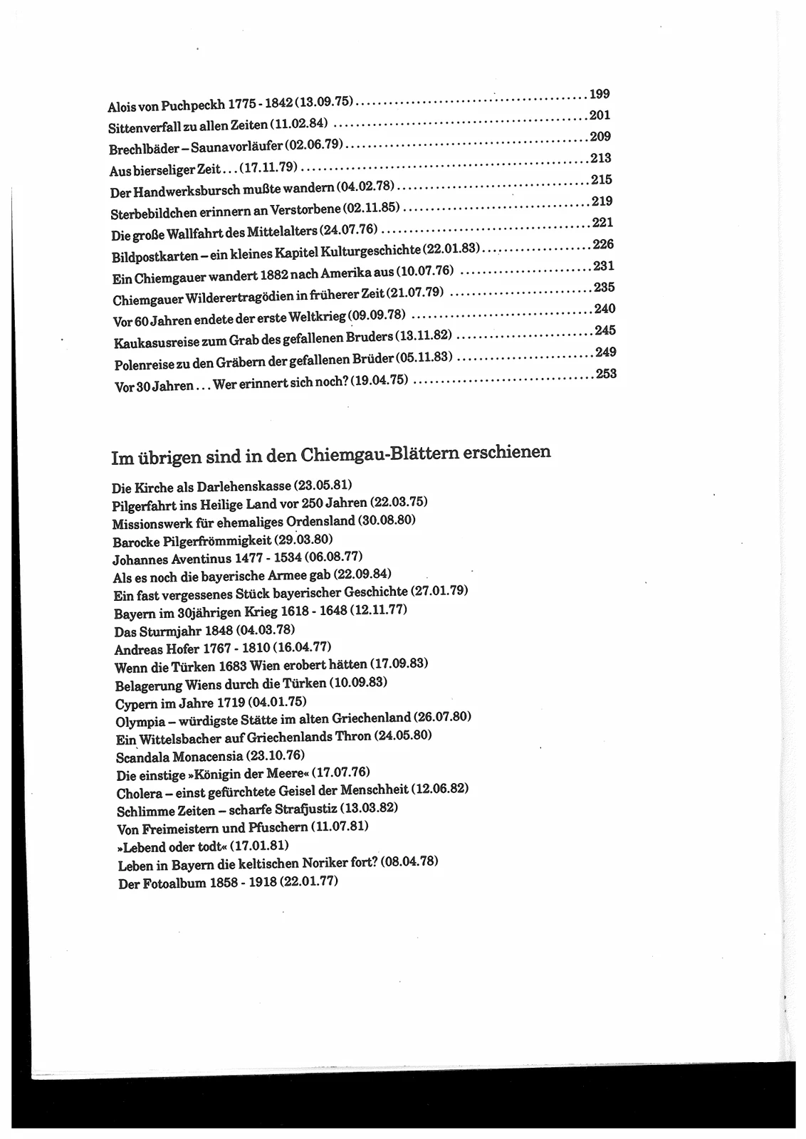 Beiträge zur Heimatgeschichte – Inhaltsverzeichnis, zweite Seite
