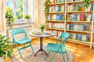 Aquarell der Leseecke mit türkisen Stühlen, rundem Tisch und Bücherregalen.