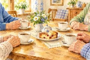 Symbolisches Aquarell: ältere Hände an einer Kaffeetafel mit Kuchen.