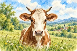 Aquarell einer freundlich blickenden Kuh vor einer ländlichen Landschaft.