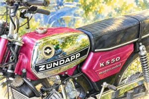 Aquarell einer magentafarbenen Zündapp KS 50 mit Chromtank und schwarzer Sitzbank.
