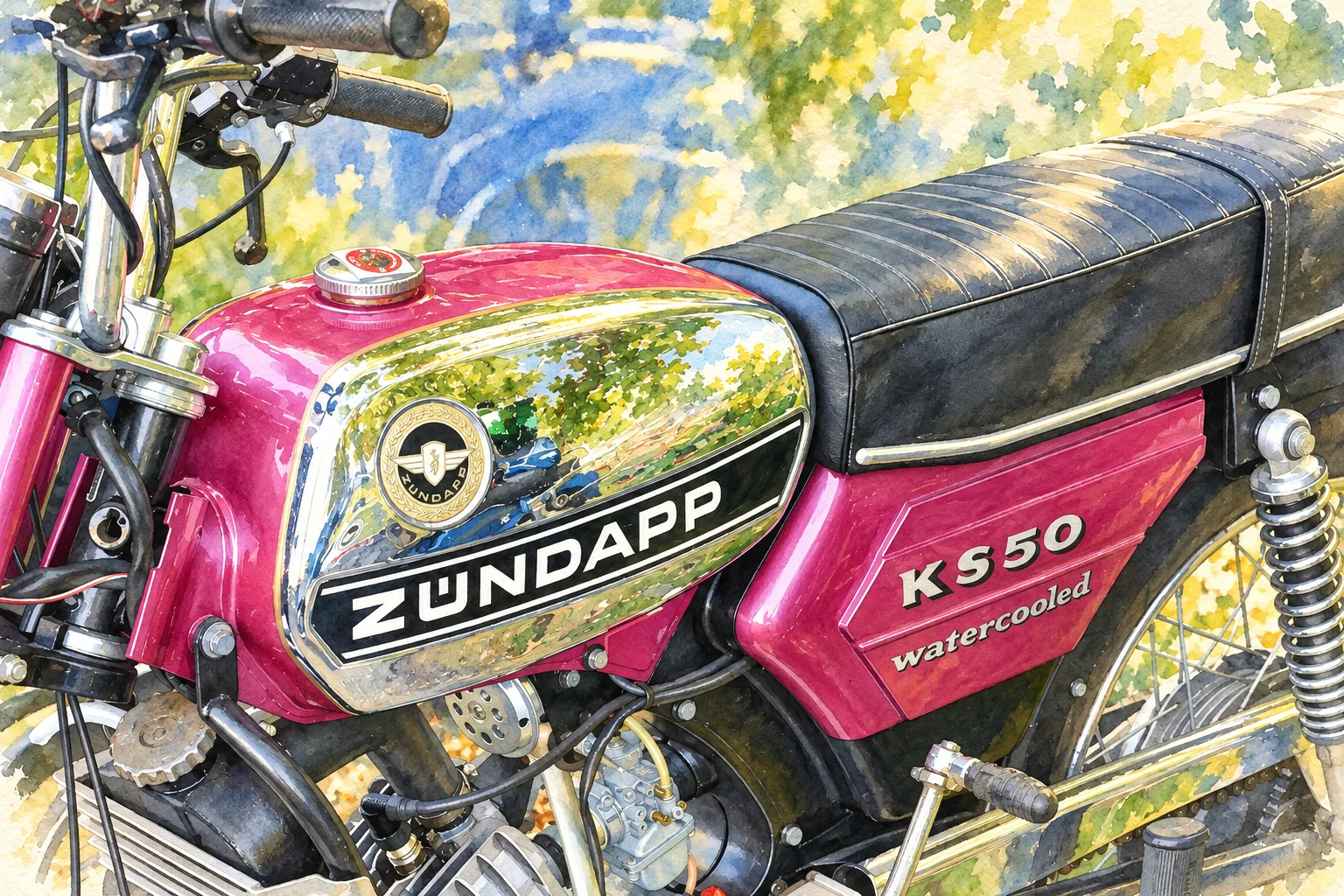 Aquarell einer magentafarbenen Zündapp KS 50 mit Chromtank und schwarzer Sitzbank.