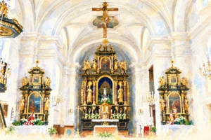 Aquarell des Innenraums der Pfarrkirche Mariä Himmelfahrt Vachendorf mit drei schwarz-goldenen Altären.