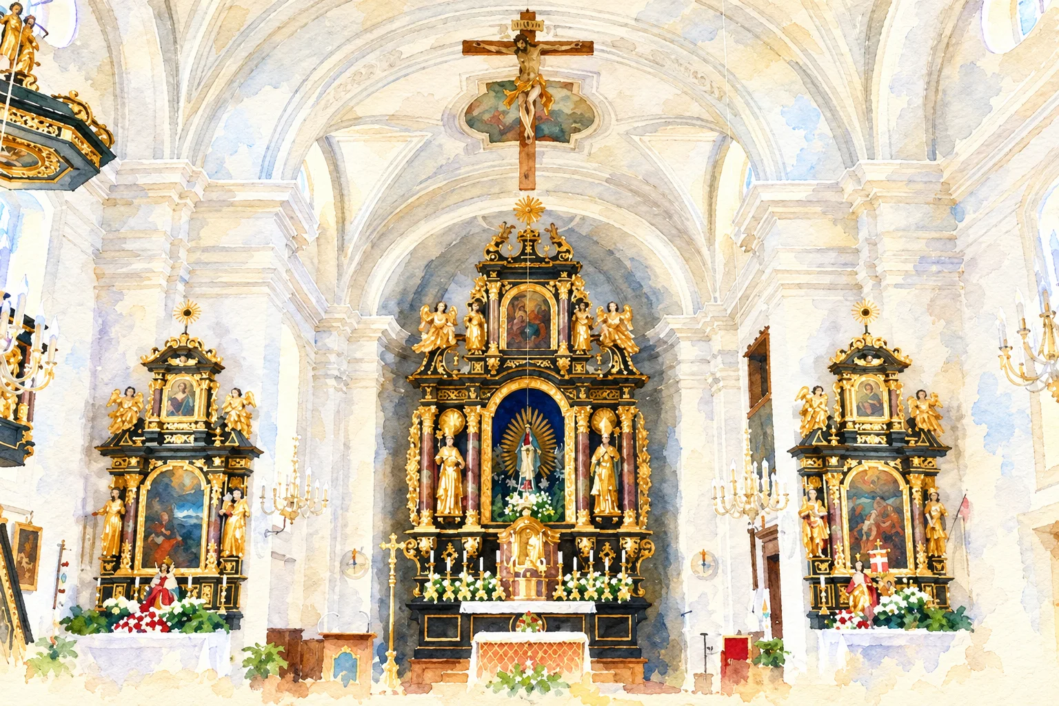 Aquarell des Innenraums der Pfarrkirche Mariä Himmelfahrt Vachendorf mit drei schwarz-goldenen Altären.