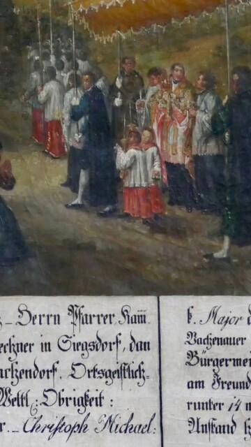 Anlässlich der 1000-Jahrfeier der Kirche malte der Vachendorfer Künstler dieses sehr qualitätvolle und ausserordentlich detailreiche Bild. Es befindet sich an der linken Seitenwand im Kirchenschiff. Ausschnitt Gemälde von Johann Baptist Neumüller
